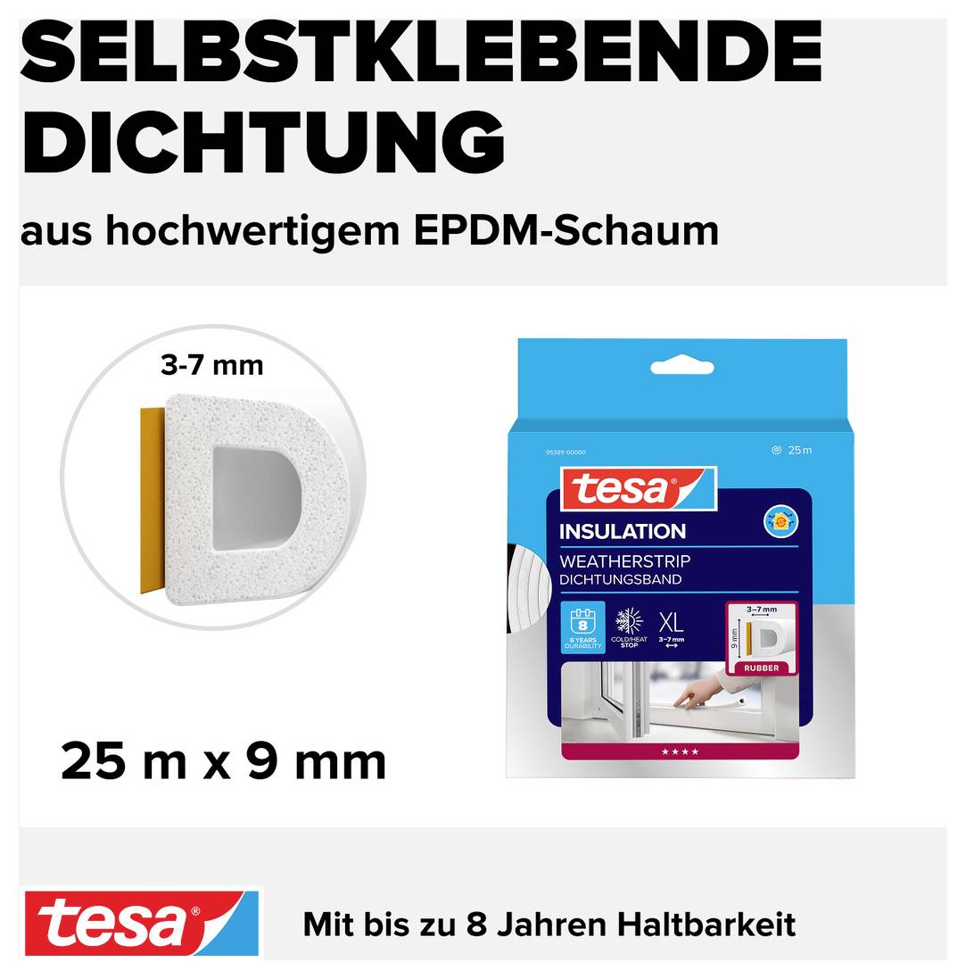 Selbstklebende Dichtung aus hochwertigem EPDM-Schaum, 25 m x 9 mm. Illustration der Dichtung und Verpackung mit Produktdetails.