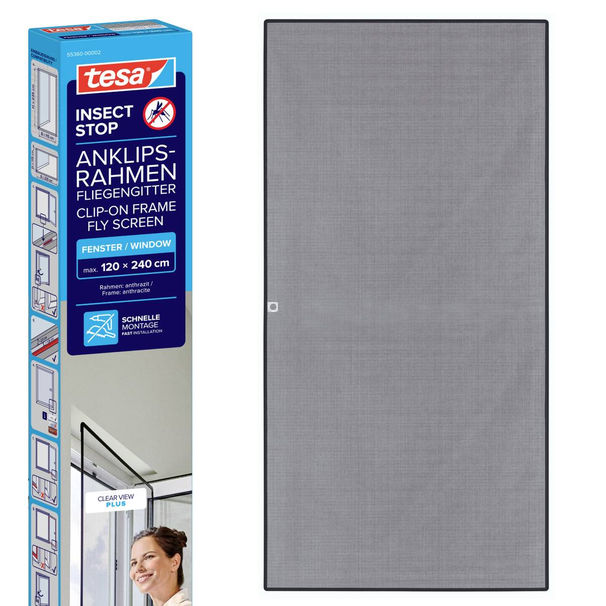 Tesa Clip-On-Rahmen Fliegengitter für Fenster, abgebildet in der Verpackung neben einem grauen rechteckigen Gitterfeld.