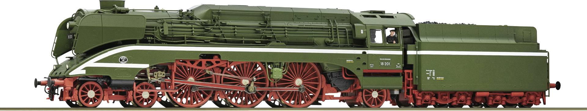 Grüne Dampflokomotive mit roten Rädern und weißen Streifen. Historisches Design mit detaillierter Mechanik sichtbar.