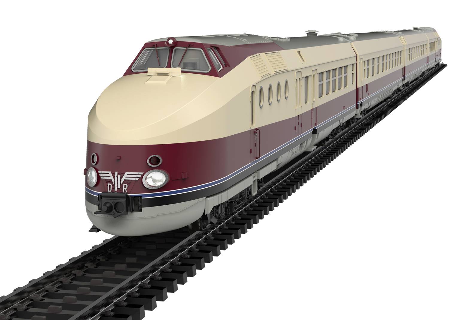 Ein stilisierter Zug im klassischen Design der Deutschen Reichsbahn fährt auf einem Eisenbahngleis in einer seitlichen Ansicht.