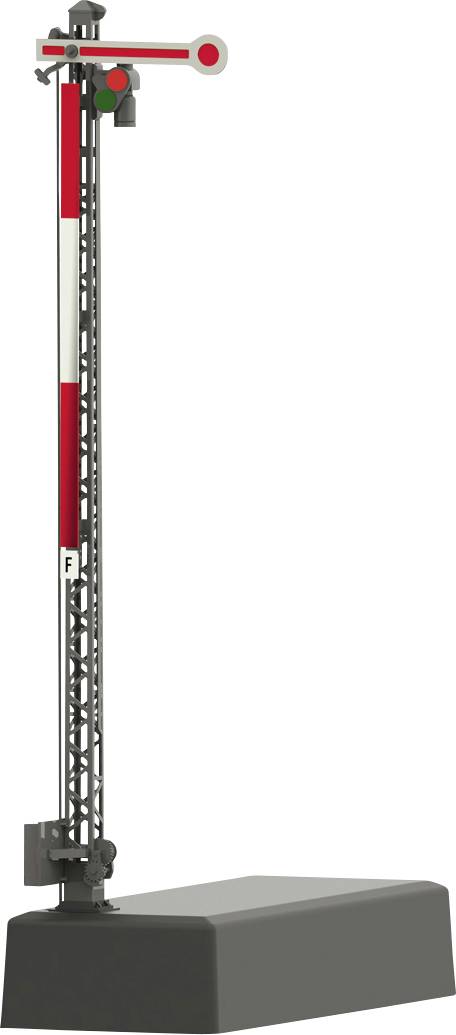 Ein Modell signalisiert 'Halt' mit einem rot-weißen Arm an einem hohen Mast, typisch für Schienenverkehrswege.