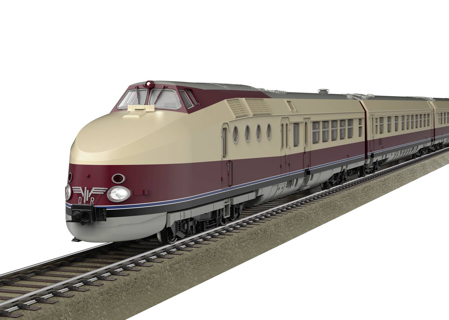 Ein cremefarbener, rotbraun gestreifter Schnellzug fährt auf Schienen, seitliche Ansicht. Der Zug hat eine futuristische Front.