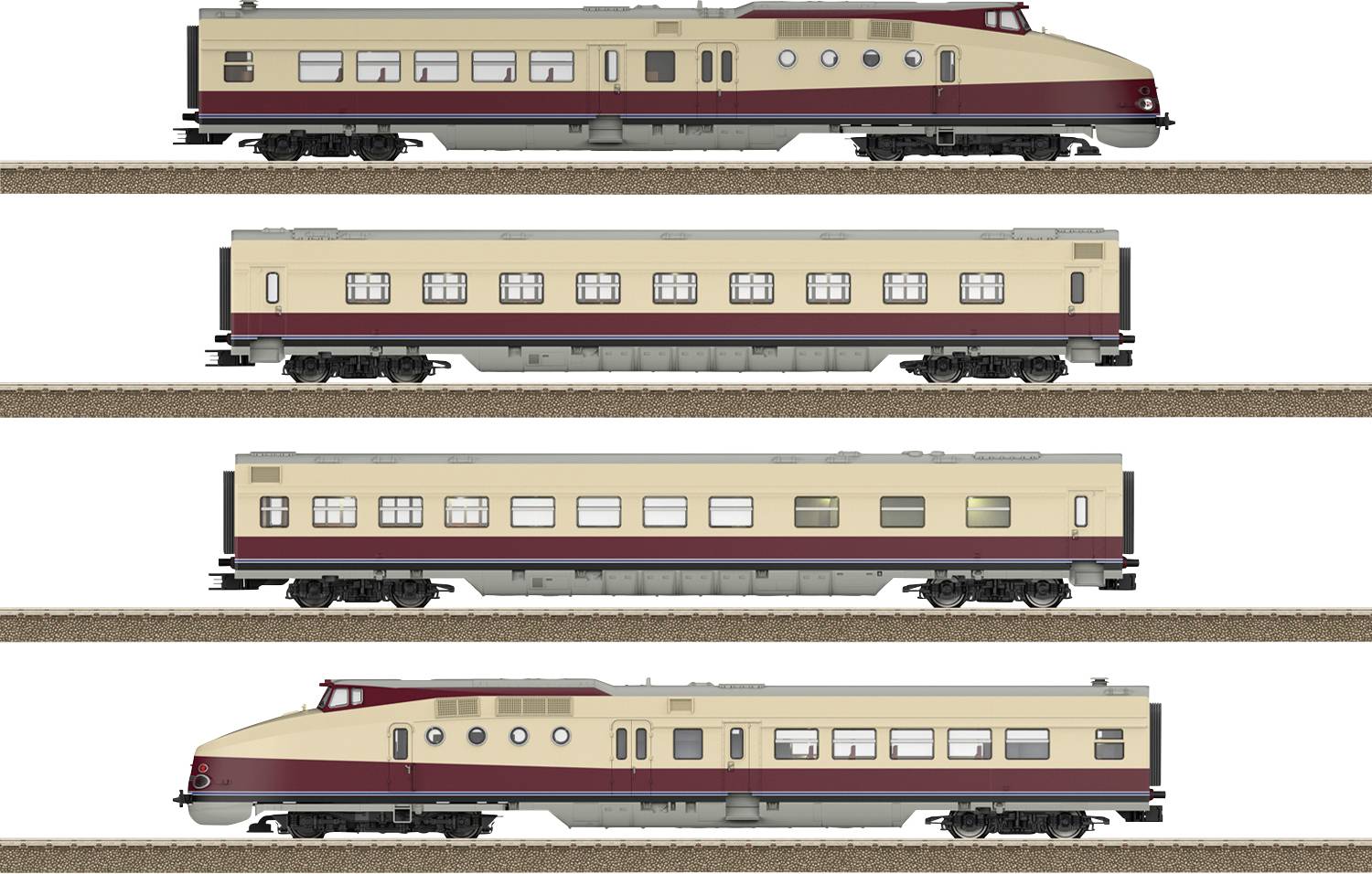 Vier Züge in einer Reihe, jeder in einer anderen Form und Größe, alle in Beige und Rot gehalten. Sie zeigen verschiedene Bahnwagendesigns.