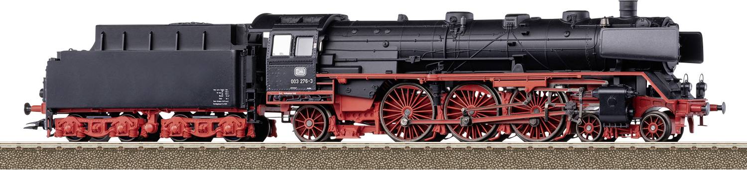 Schwarze Dampflok mit roten Rädern steht auf einem Gleis. Lokomotive mit vielen Details und traditionellen Designmerkmalen.