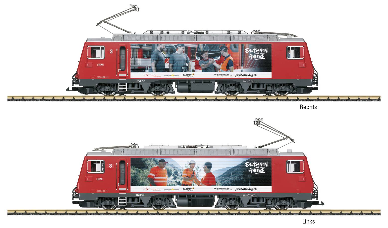 Zwei seitliche Ansichten einer roten Lokomotive mit Werbegraffiti, das Menschen in orange Schutzkleidung zeigt. Links und rechts beschriftet.