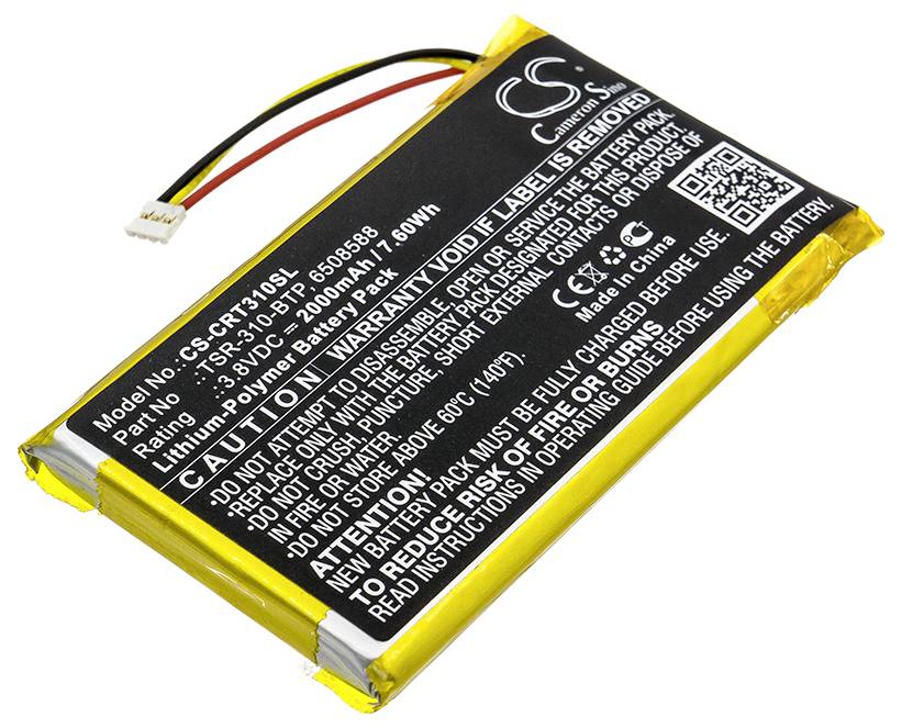 Lithium-Ionen-Polymer-Akku mit schwarzem Etikett mit technischer Spezifikation und Warnhinweisen auf der Vorderseite.
