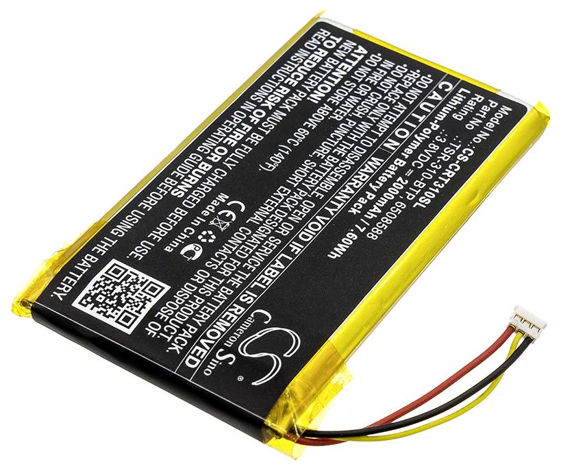 Rechteckige, flache Lithium-Polymer-Batterie mit auffälligem Warnhinweis auf der Vorderseite. Hat Kabel mit Stecker am Rand.