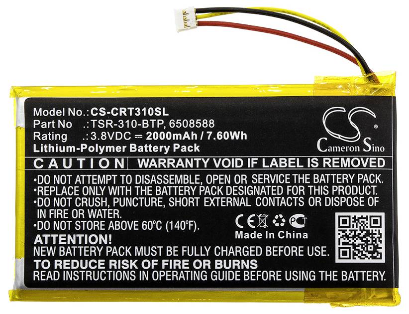 Gelbe Lithium-Polymer-Batterie mit schwarzem Etikett. Details enthalten Modellnummer, Spannung, Kapazität und Warnhinweise.