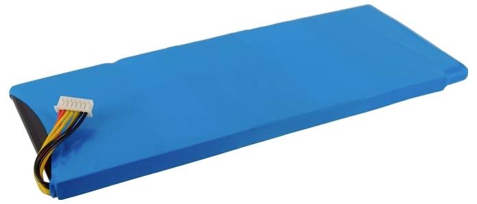 Flache, rechteckige Batterie mit blauem Gehäuse und mehradrigem Kabel mit weißem Stecker.