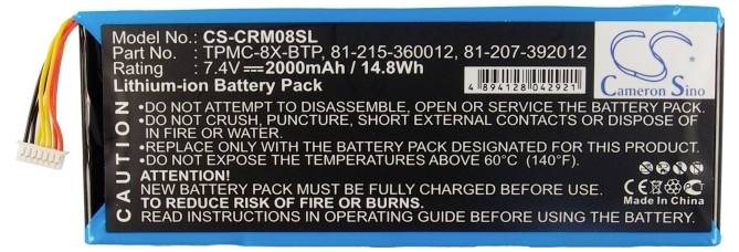 Lithium-Ionen-Akku mit 2000mAh und 14,8Wh. Enthält Warnhinweise: 'Nicht öffnen, zerdrücken oder ins Wasser werfen. Ausschließlich autorisiertes Ladegerät verwenden.'