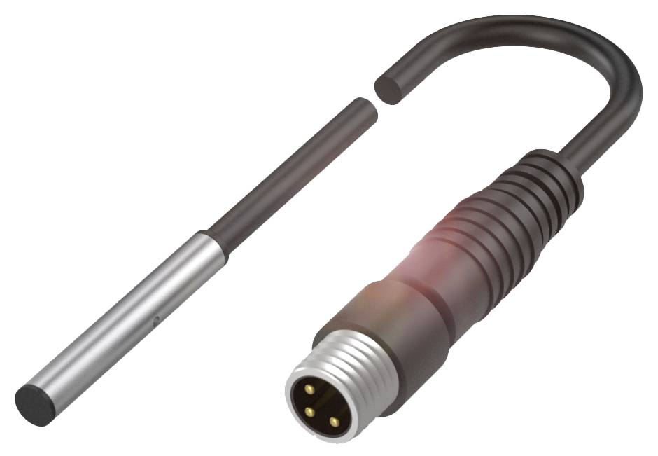 Stecker und Buchse eines elektrischen Kabels, getrennt dargestellt. Schwarzes Kabel mit metallischem Steckverbinder.