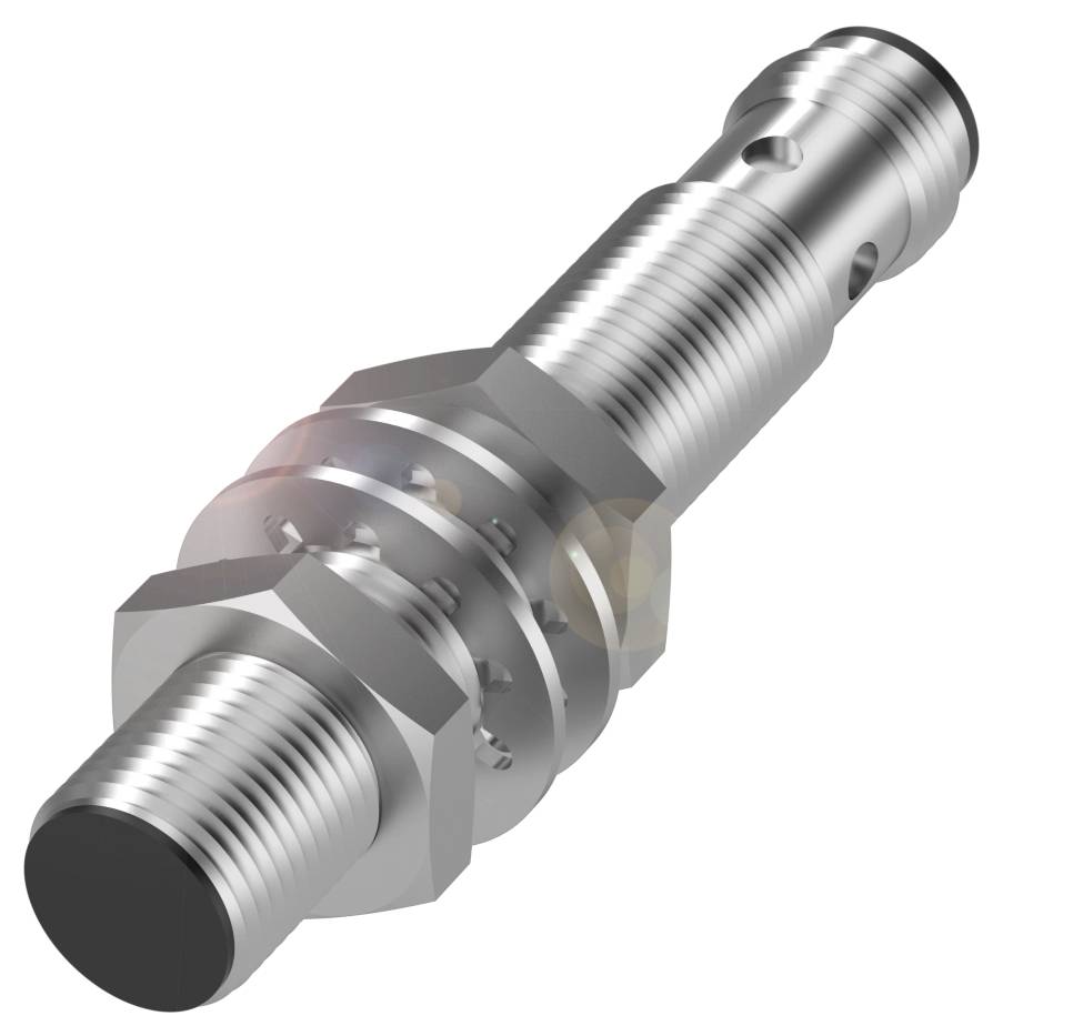 Metallschraube mit zwei Sechskantmuttern und Gewindeenden, Darstellung aus Winkelperspektive.