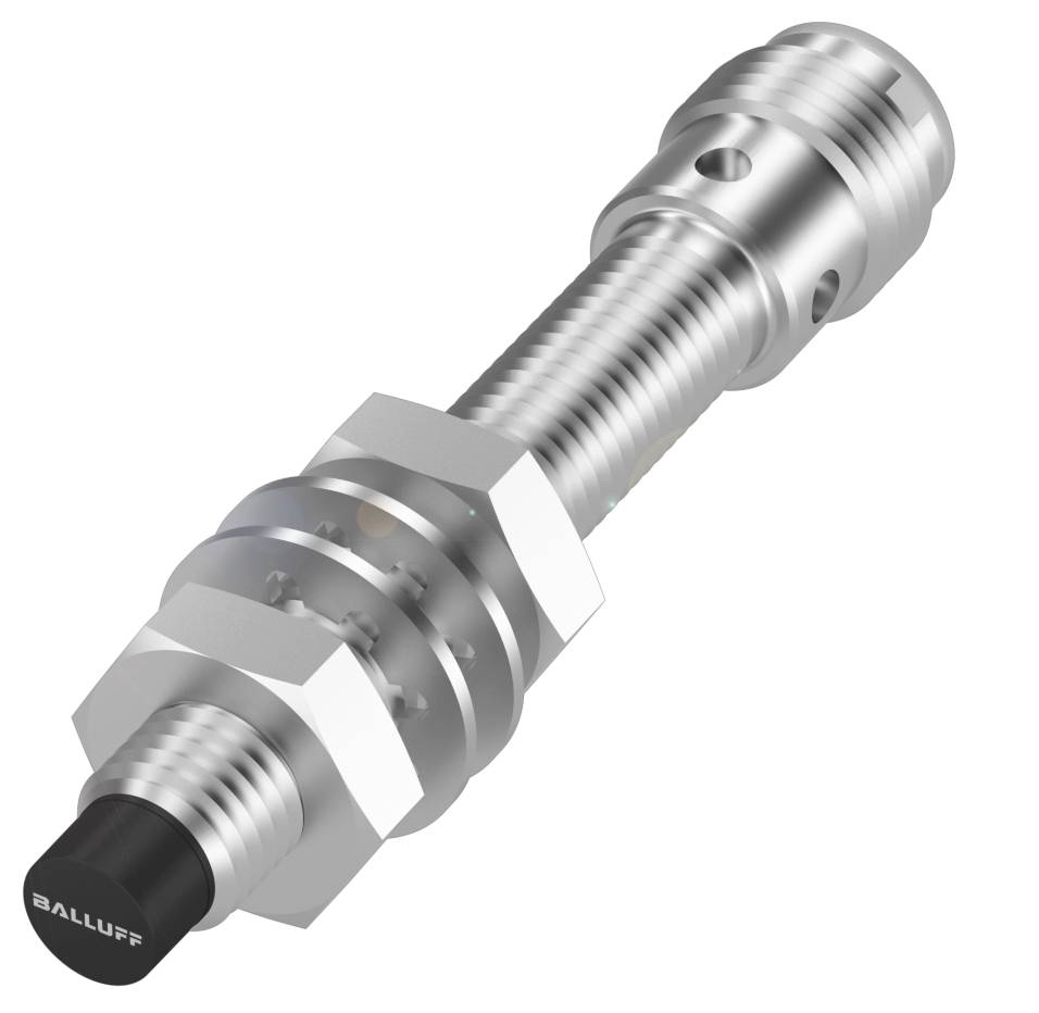 Ein zylindrischer, silberner Induktivsensor mit Gewinde und schwarzer Spitze, geeignet zur Positions- oder Objekterkennung.