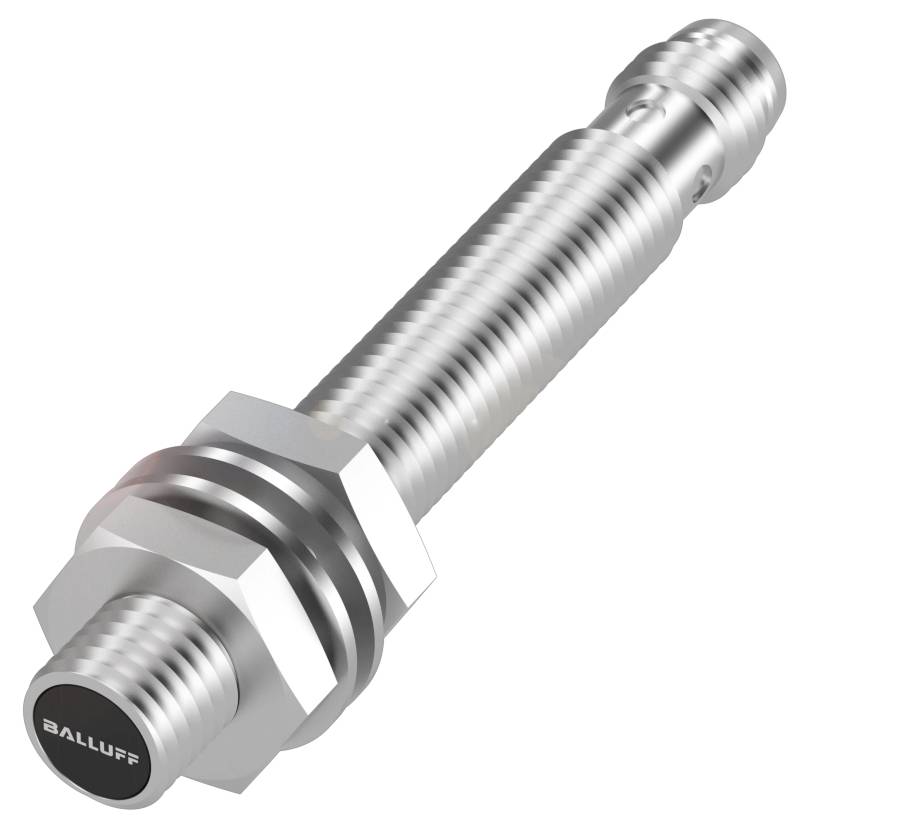 Ein zylindrischer, metallischer Sensor mit einem Gewinde und sechsseitigem Schraubkopf.