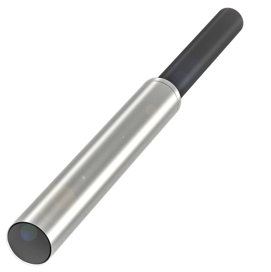 Ein silberfarbenes, zylindrisches Metallrohr mit einem schwarzen Griffende.