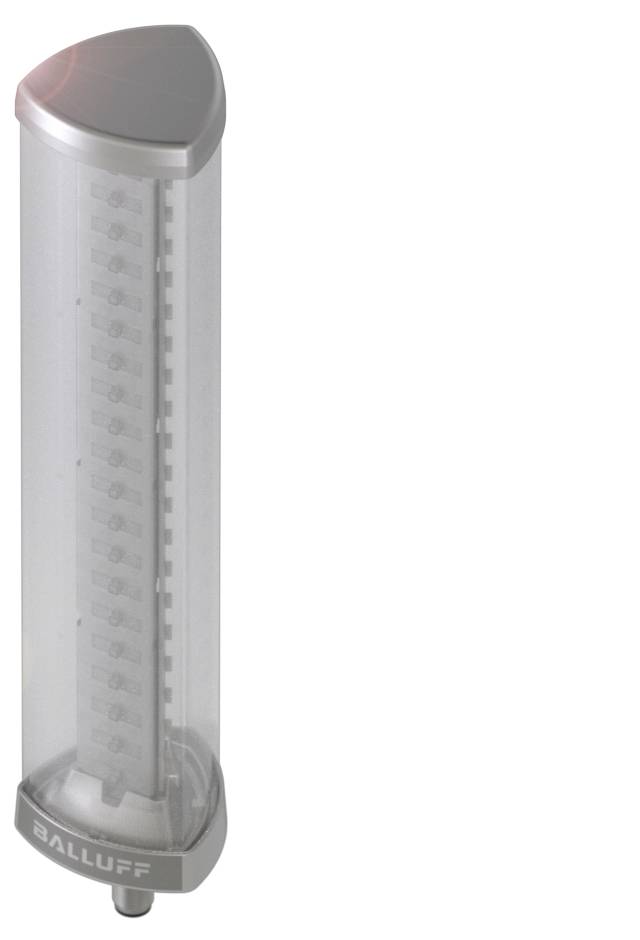 Eine zylindrische, transparente LED-Säule mit dem Schriftzug 'Balluff', zeigt den Füllstand oder Status einer Maschine an.