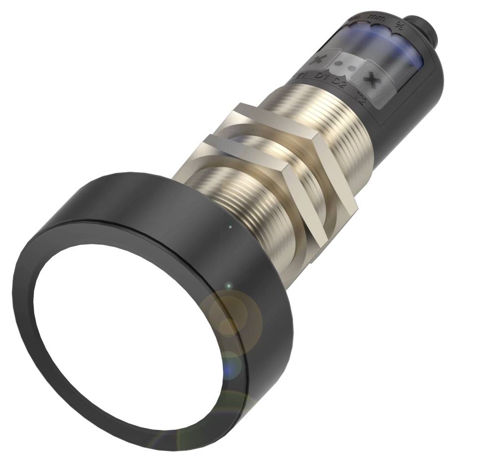 Ein zylinderförmiger, industrieller Sensor mit schwarzer Frontplatte und Metallgehäuse. Oben sind blaue und schwarze Markierungen sichtbar.