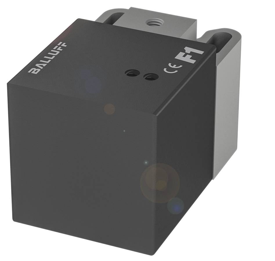 Ein schwarzer, würfelförmiger Sensor von Balluff mit der Aufschrift 'F1', versehen mit CE-Kennzeichnung, vor weißem Hintergrund.