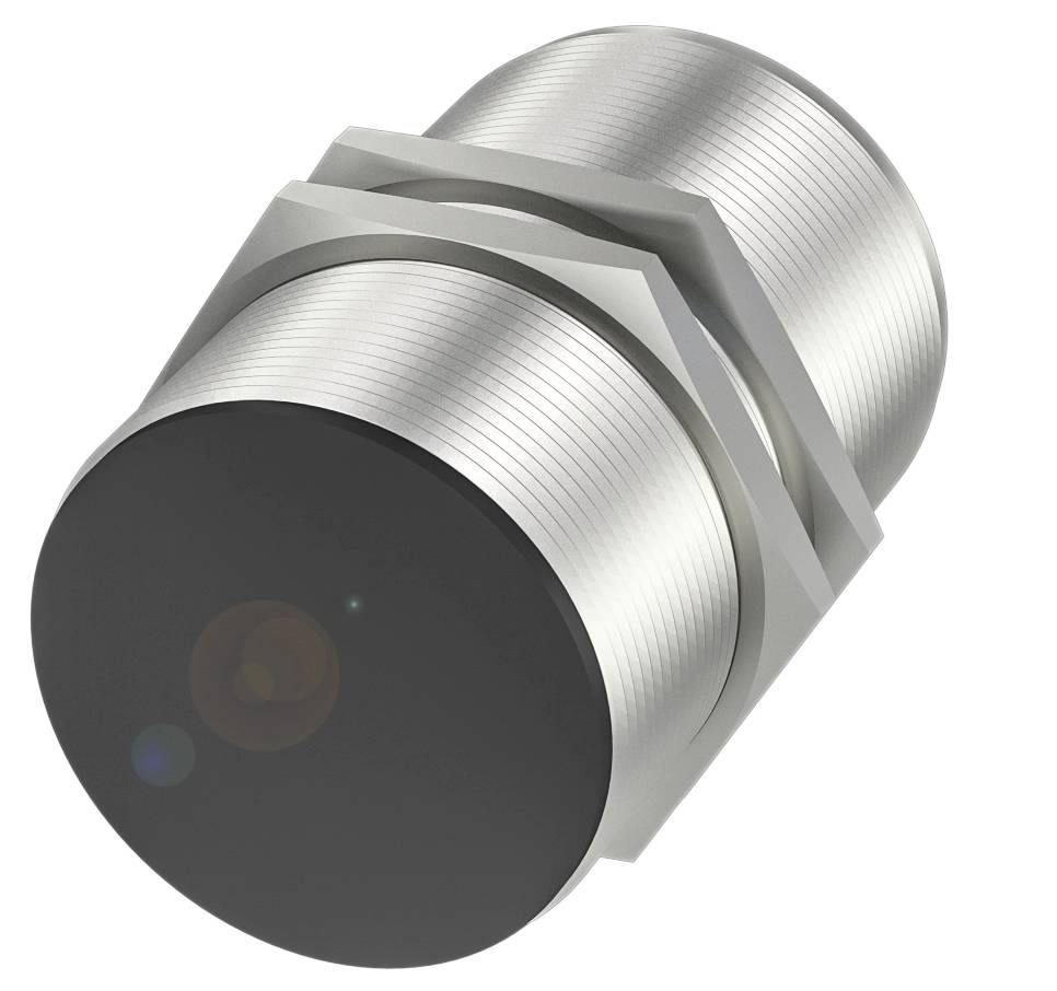 Zylindrischer Metall-Induktivsensor mit schwarzen Endkappen, seitliche Ansicht, zur präzisen Positionserkennung in Automatisierungssystemen.