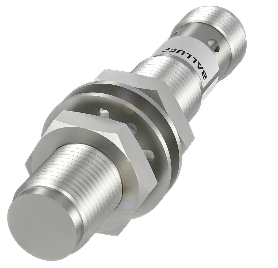 Zylindrischer Sensorkörper aus Metall, mit der Aufschrift 'BALLUFF', zur berührungslosen Objekterkennung, typischerweise in der Industrie genutzt.