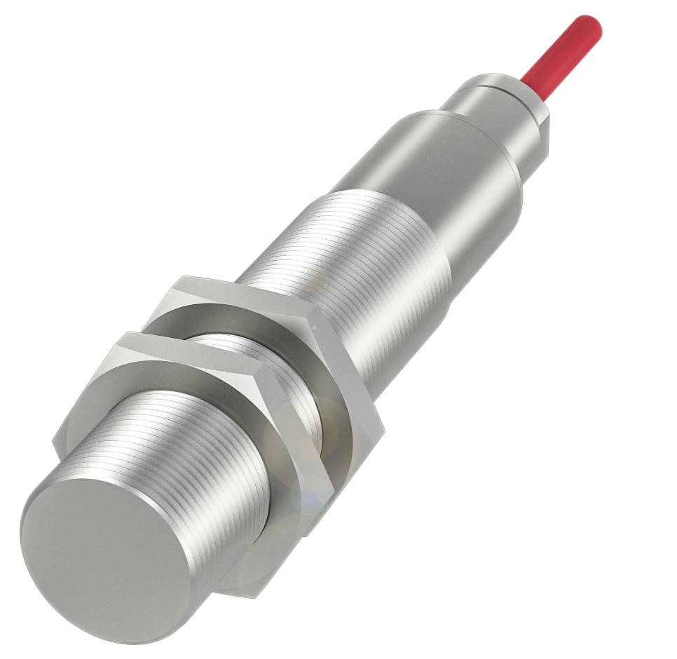 Zylindrischer Näherungssensor aus Metall mit rotem Kabel. Wird in industriellen Anwendungen zur Objekterkennung genutzt.