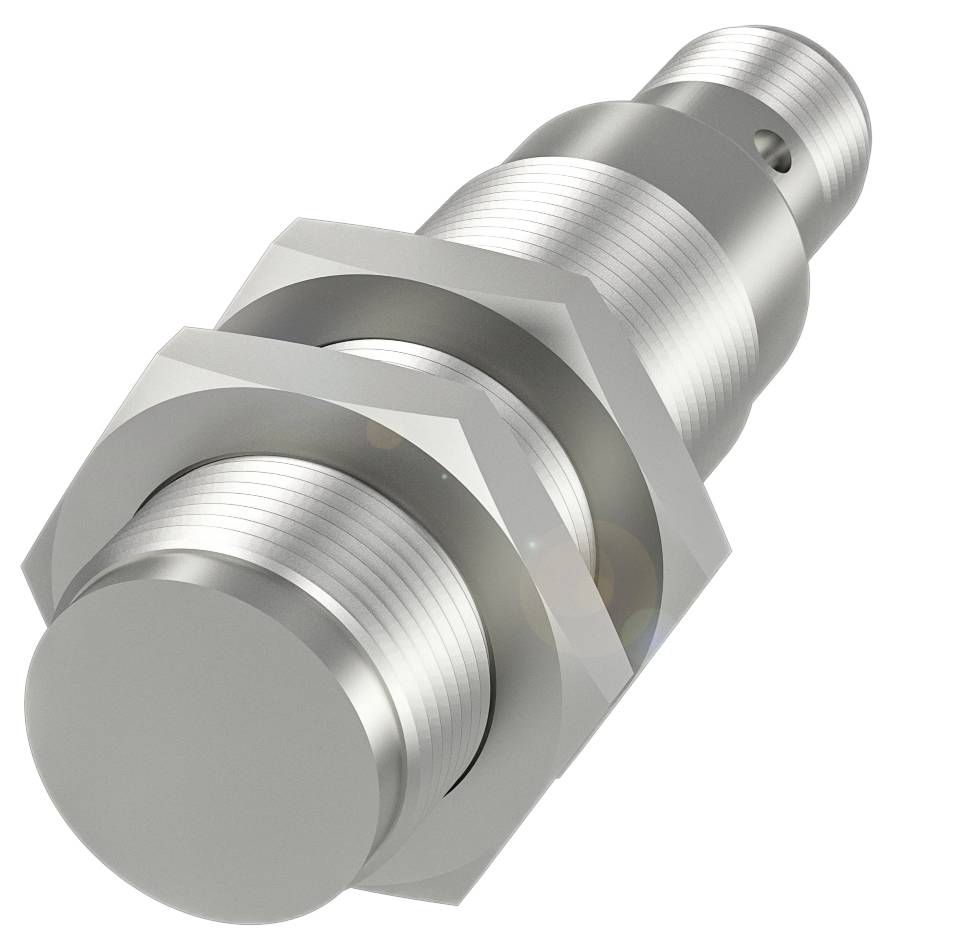 Silberner zylindrischer Metallstift mit mehreren Schraubengewinden und sechseckiger Mutter, möglicherweise ein mechanisches Bauteil.