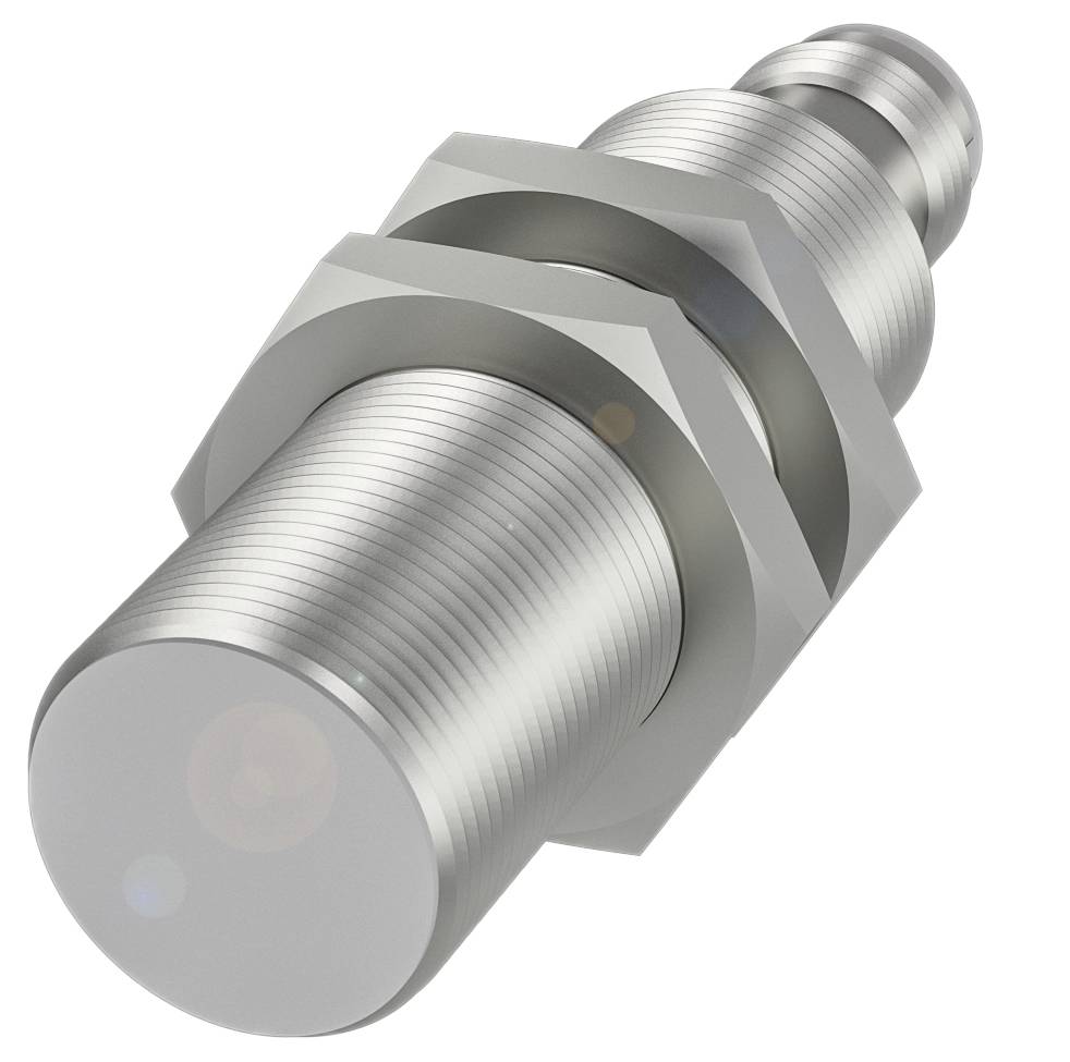 Ein silberner Metallzylinder mit Schraubengewinde und Sechskantmutter, wahrscheinlich ein mechanisches Bauteil oder Sensor.