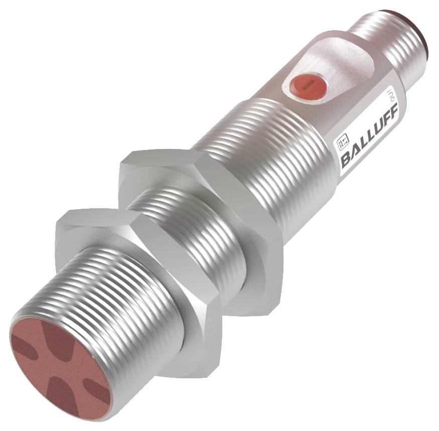 Ein zylindrischer Sensor in Metallgehäuse mit roter Abdeckung und Balluff-Logo aufgedruckt, verwendet zur Objekterkennung.