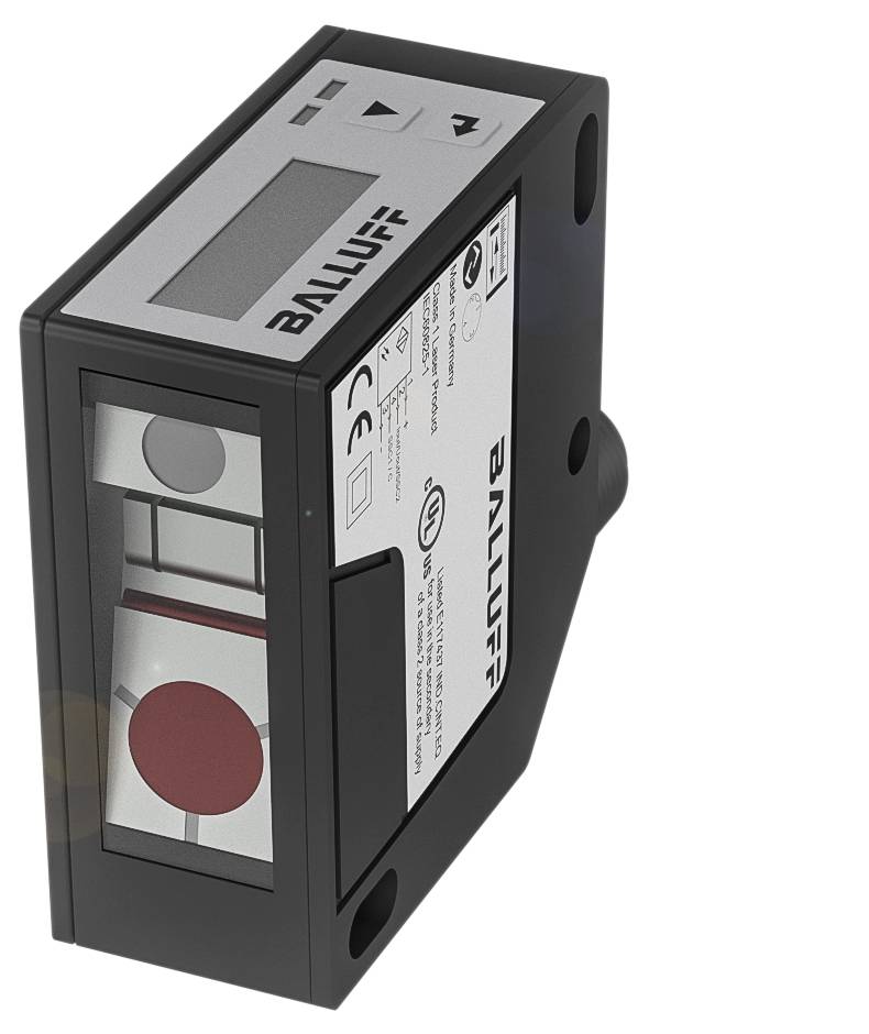 Ein rechteckiger Sensor mit der Aufschrift 'Balluff', schwarzem Gehäuse und Display auf der Oberseite. Das Gerät hat ein CE-Zeichen.