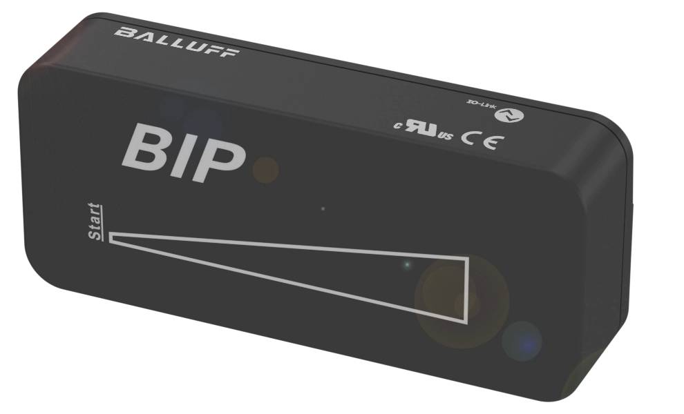 Ein schwarzer rechteckiger Sensor mit Aufschrift 'BIP' und 'BALLUFF'. Der Sensor hat einen grafischen Pfeil und verschiedene Zertifizierungszeichen.