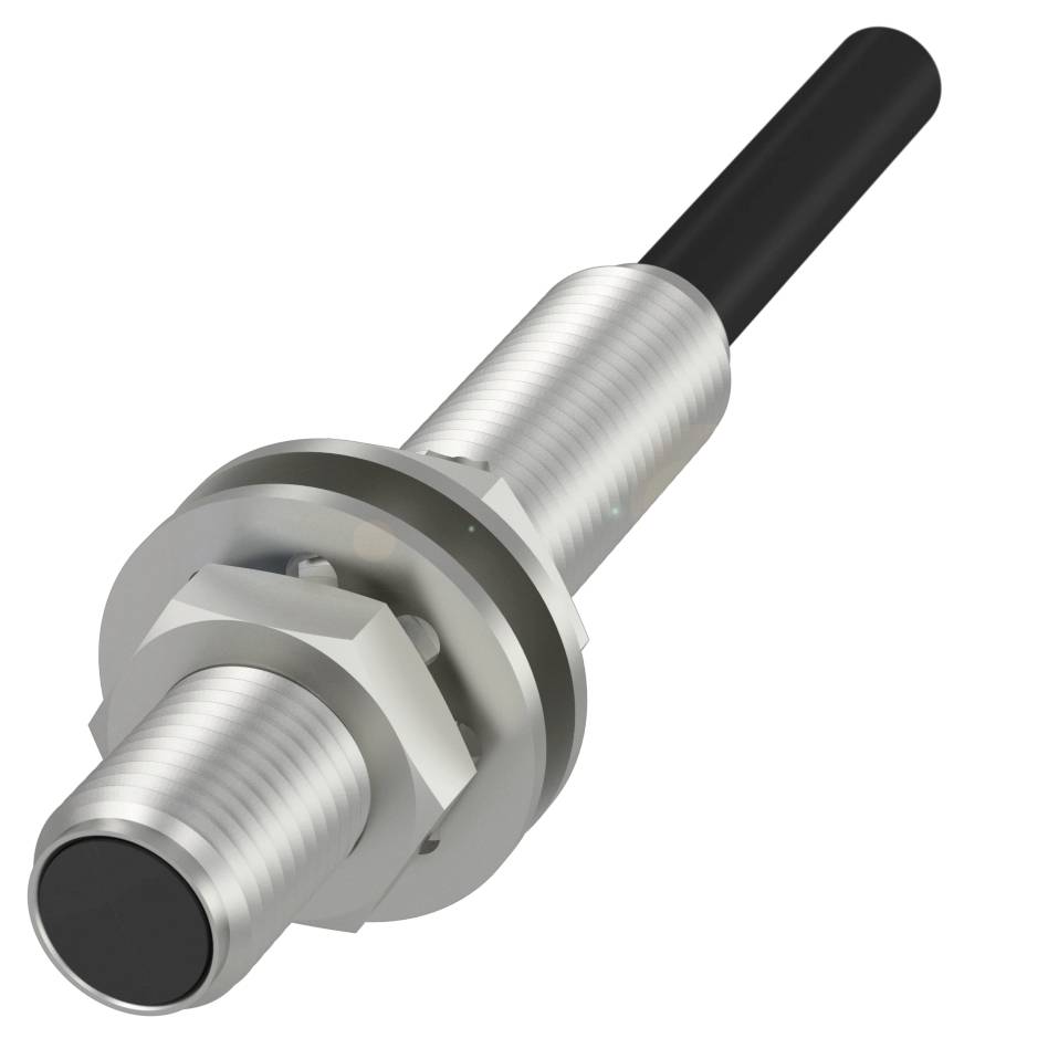 Ein zylindrischer, metallischer Sensor mit einem schwarzen Kabel, wahrscheinlich ein Induktions- oder Näherungssensor, liegt schräg.
