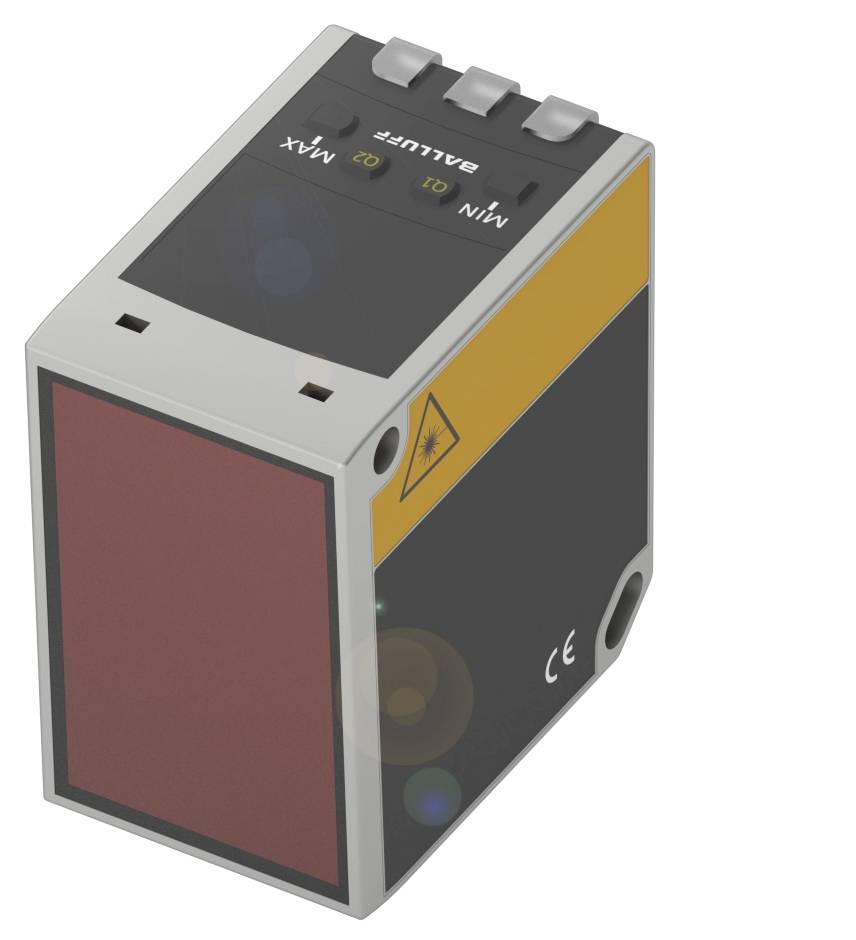 Ein rechteckiger Sensor mit gelbem und schwarzem Gehäuse. Oben sind drei Tasten beschriftet mit 'BALUFF', 'MIN', und 'MAX'.