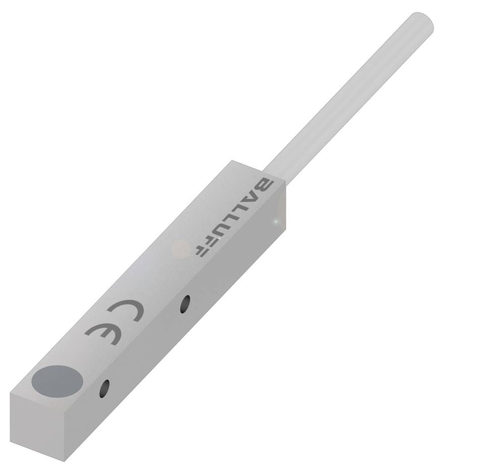 Ein rechteckiger, metallischer Sensor mit einem langen Stab auf der rechten Seite. Auf der Oberfläche steht 'BALLUFF' und das CE-Zeichen.