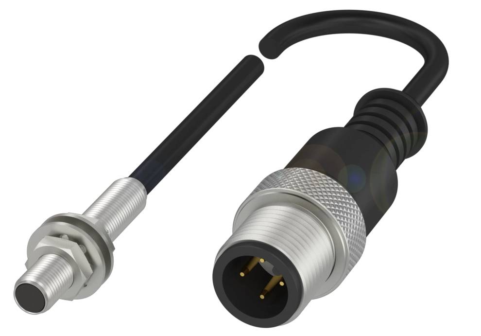 Ein M12-Steckverbinder mit einem geraden M12-Buchsen-Anschluss und einem gewinkelten M12-Stecker mit drei goldfarbenen Pins.