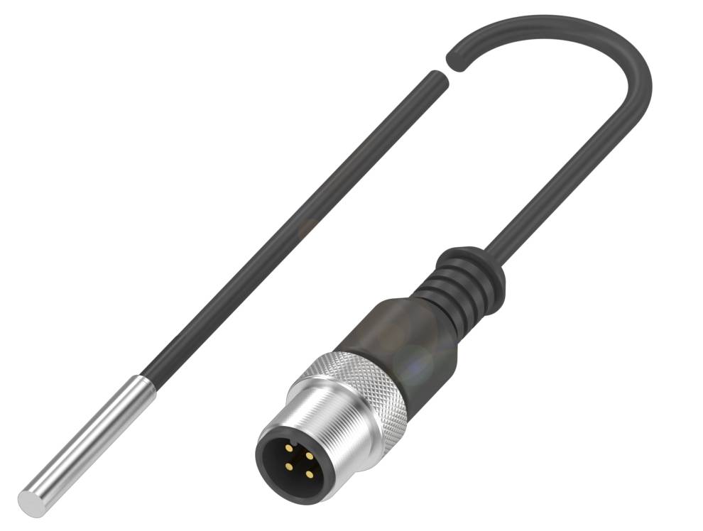 Ein zylindrischer Temperatursensor mit Metallspitze und einem 4-poligen Steckverbinder, verbunden durch ein schwarzes Kabel.