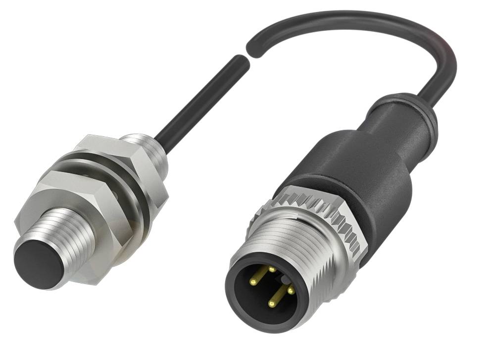 Zwei Steckverbinder: einer mit schwarzem Gummikabel, einer ohne. Der linke ist ein Sensor, der rechte ein Stecker mit Metallgewinde.