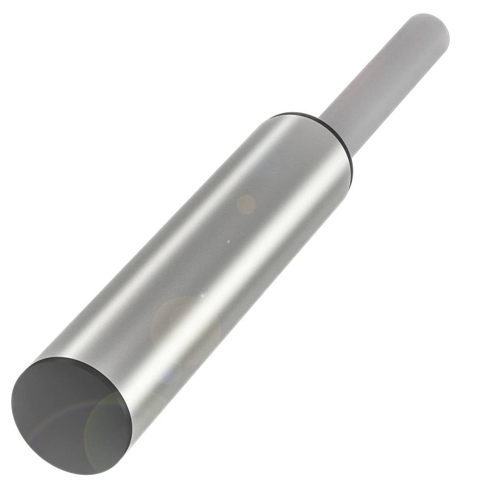 Ein einfacher, silberner Metallzylinder mit einem schmaleren Griff am Ende.