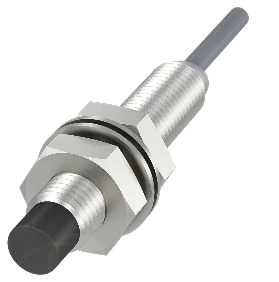Ein zylindrischer Induktivsensor mit Metallgehäuse, Kabelanschluss und Muttern für die Befestigung. Geeignet zur Objekterkennung.