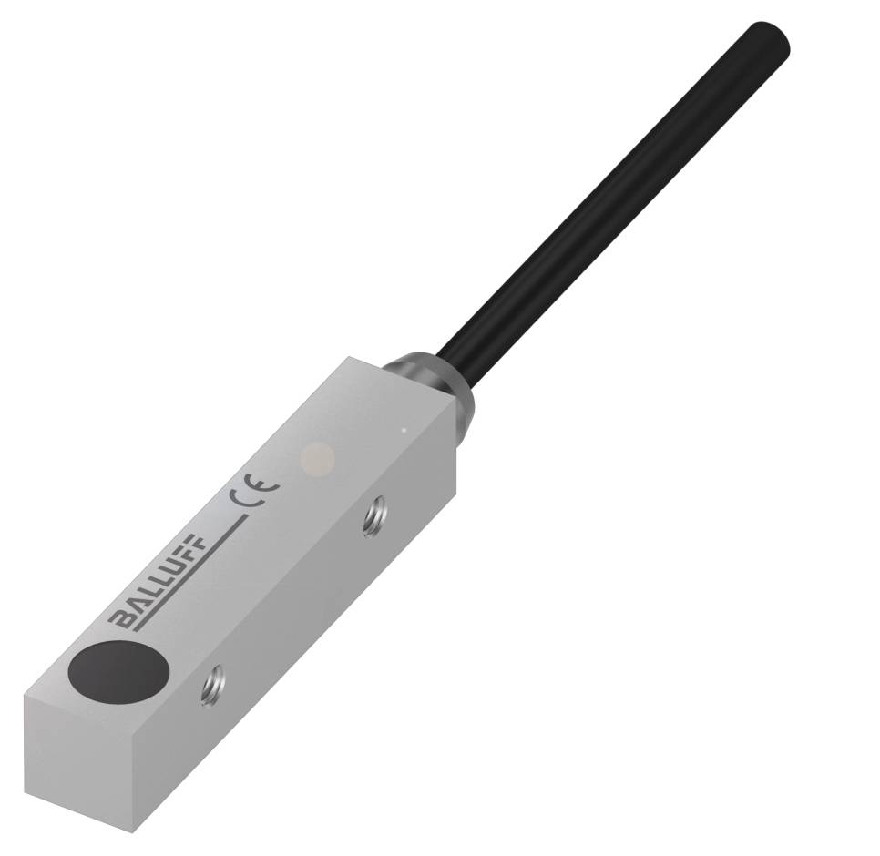Ein rechteckiger Näherungssensor von Balluff mit CE-Kennzeichnung. Schwarzes Kabel, geeignet für industrielle Anwendungen.
