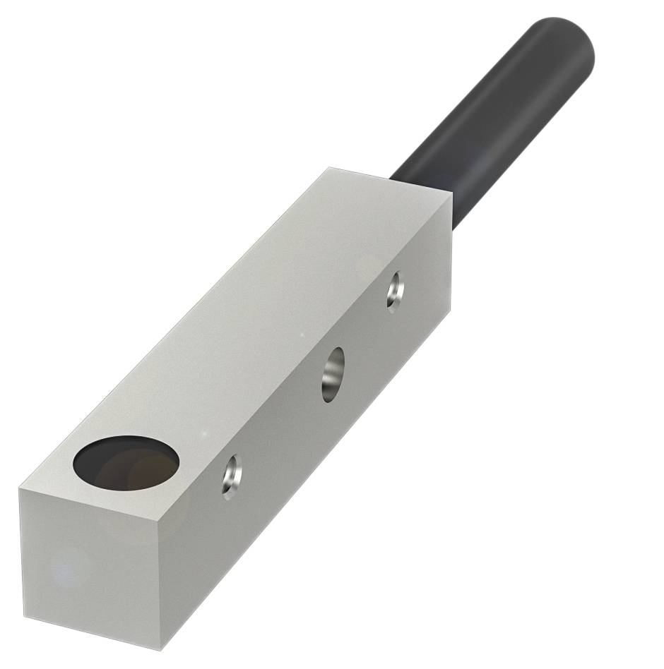 Ein rechteckiger Metallblock mit einem schwarzen zylindrischen Griff. Drei Löcher entlang des Blocks deuten auf Verbindungspunkte hin.