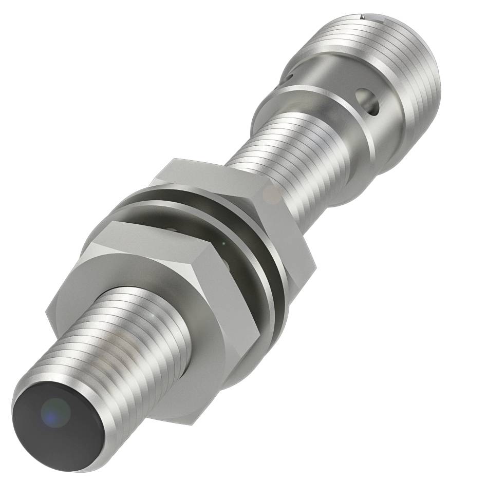 Ein metallischer Sensor mit zylindrischer Form und Schraubgewinde auf der linken Seite, geeignet für industrielle Anwendungen.