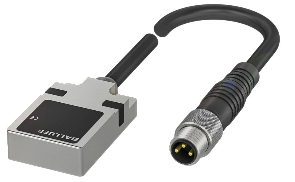 Metallsensor von Balluff mit quadratischem Gehäuse und schwarzem Anschlusskabel mit rundem Steckermodul.
