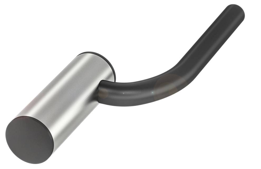 Metallisches Rohr mit gebogenem schwarzem Anschluss. Hauptkomponente könnte Teil einer Maschine oder Einrichtung sein.