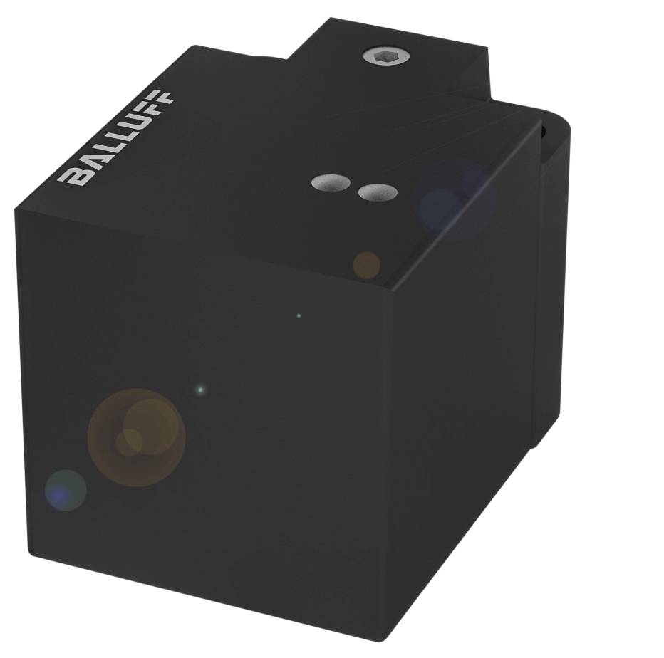 Schwarzer, quadratischer Sensor von Balluff mit zwei sichtbaren Befestigungslöchern. Verwendet für industrielle Anwendungen.