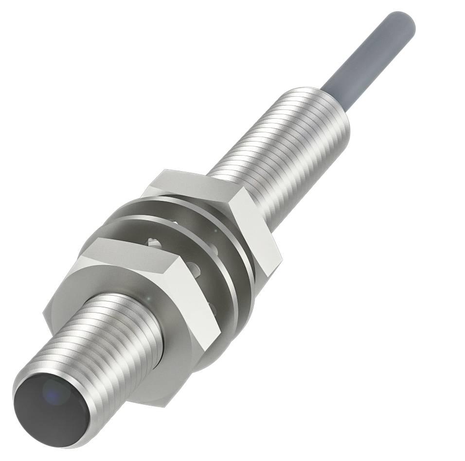 Zylindrischer Metall-Näherungssensor mit zwei Muttern zur Befestigung und einem Kabel zur elektrischen Verbindung.