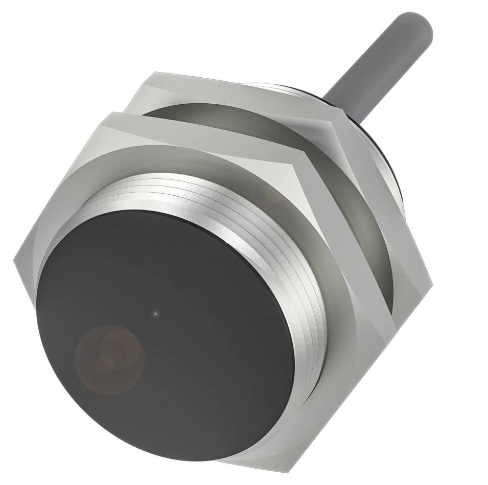 Ein zylindrischer, metallischer Sensor mit schwarzer, flacher Oberfläche und Gewindeanschluss.