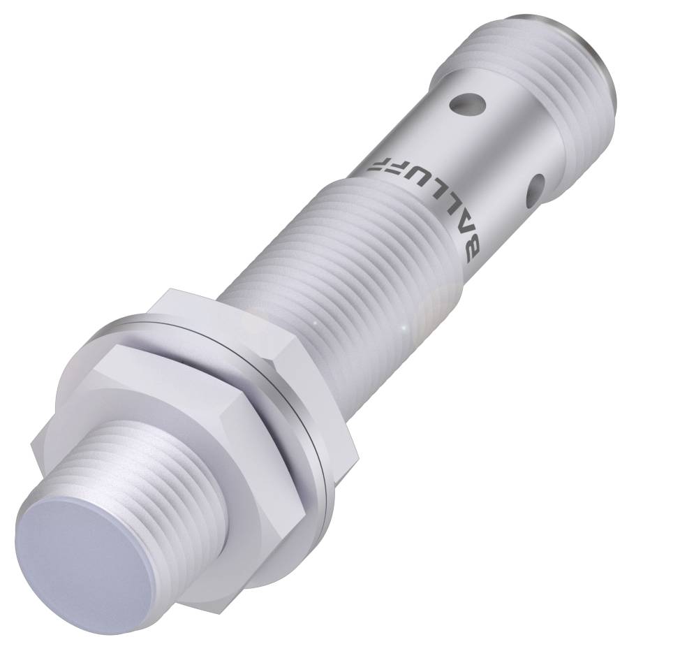 Zylindrischer induktiver Sensor in Metall, Schraubgewinde, Markenname 'BALLUFF' auf der Oberfläche.