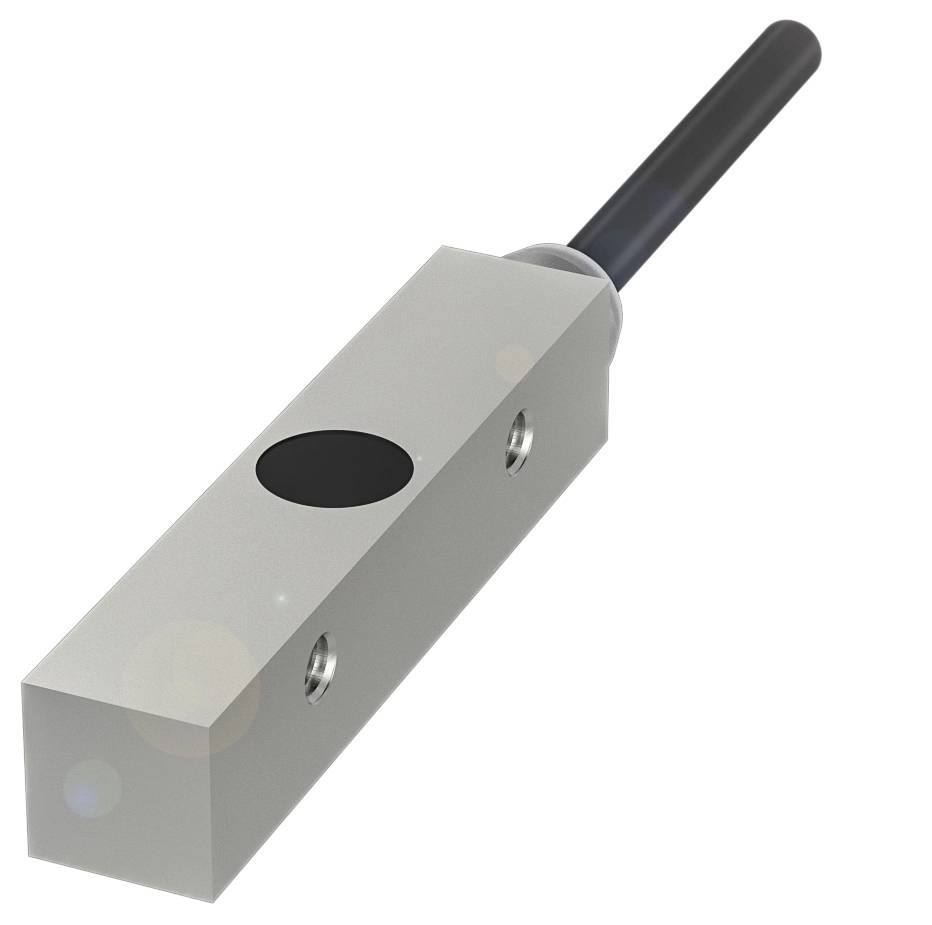 Ein silberfarbener metallischer Sensor mit rechteckigem Körper und schwarzem Kabel.