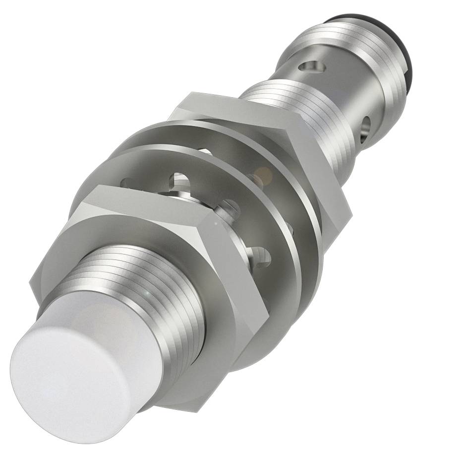 Induktiver Näherungssensor mit zylindrischem Gewinde in Metallausführung, verwendet zur Erkennung von Objekten ohne direkten Kontakt.