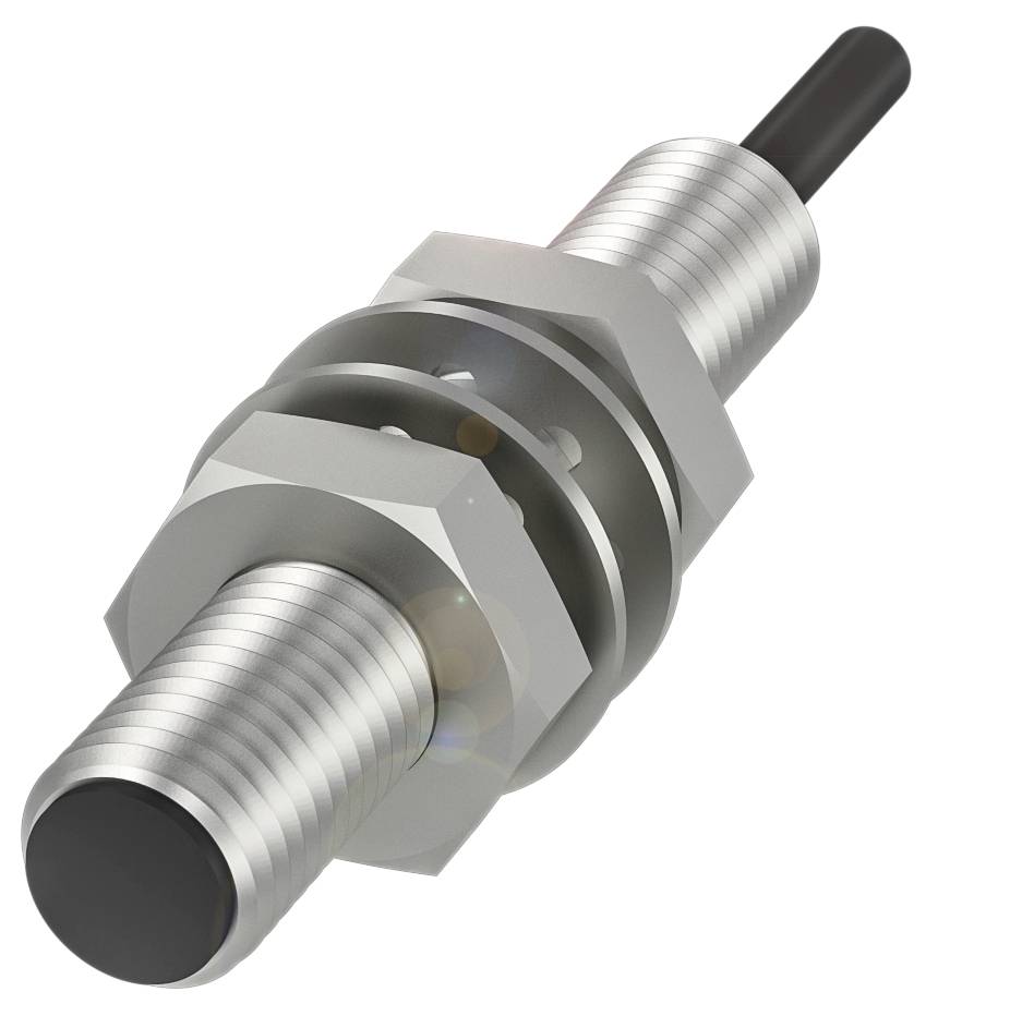 Ein zylindrischer, silberner Induktionssensor mit Kabelanschluss, dient zur Erfassung von Metallen in automatisierten Systemen.